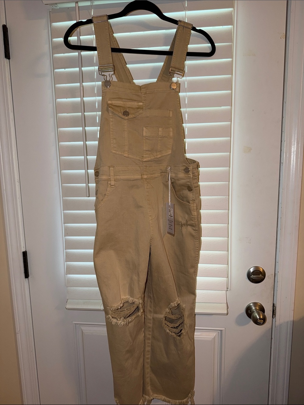 Beige Distressed Utility Overall Jumpsuit - Casual Women's Romper